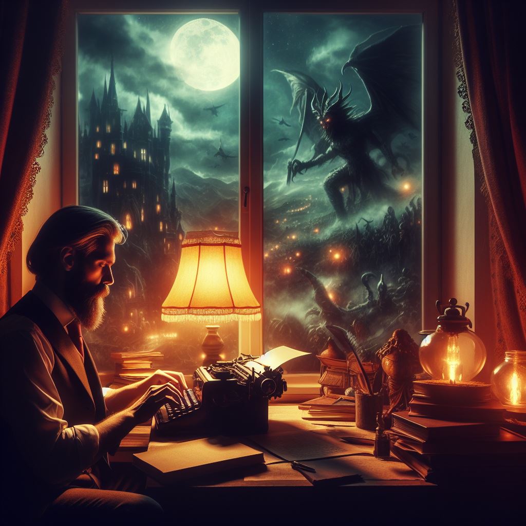 Artkelbild mit einem Mann, der abends vor seiner Schreibmaschine sitzt, durch das Fenster ist eine düstere Fantasyszene zu sehen. Das Bild wurde mit einer KI erzeugt.